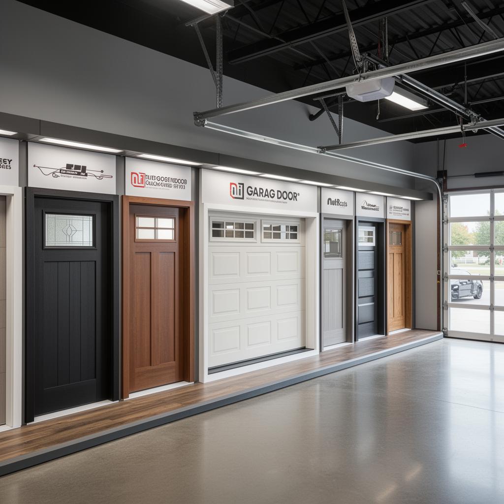 Showroom display of various garage door styles and materials