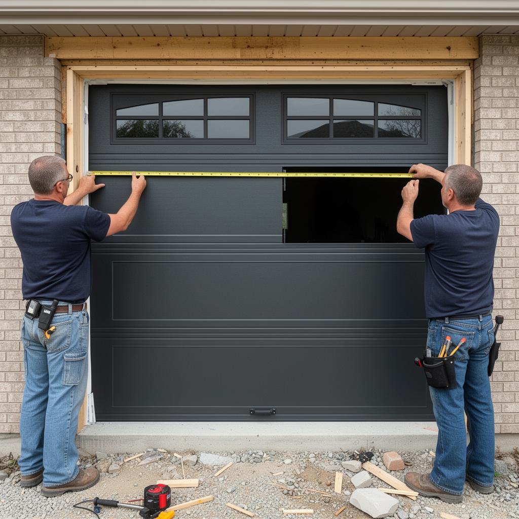 Workers measuring and installing new garage door on residential property