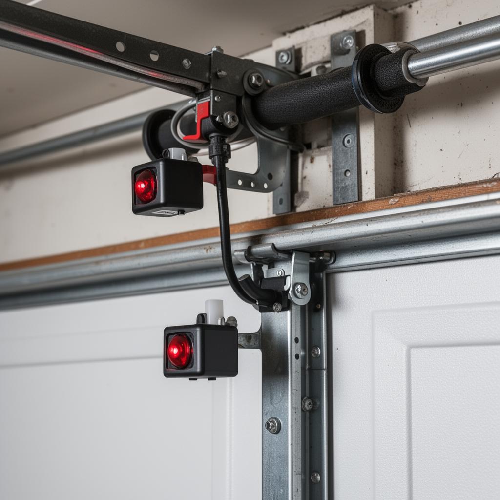 Garage door safety sensors mounted on track with red indicator lights