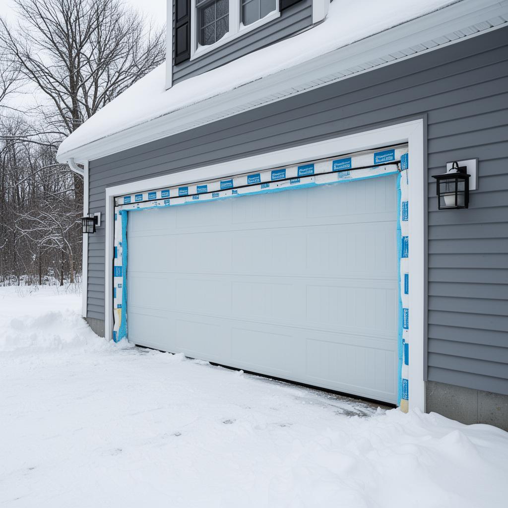 Residential garage door with weatherstripping in snowy winter setting