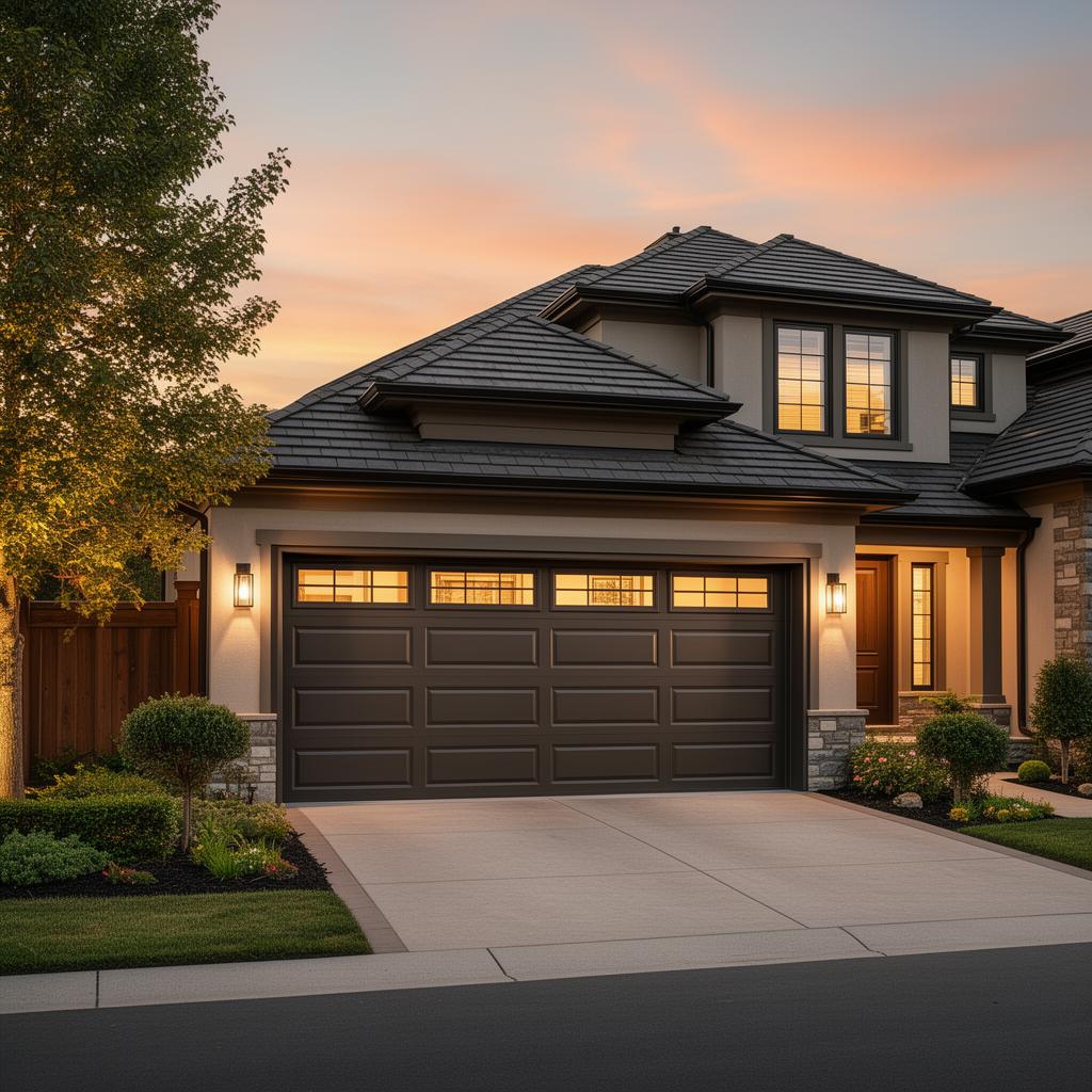 Beautiful carriage-style garage door with windows on upscale suburban home