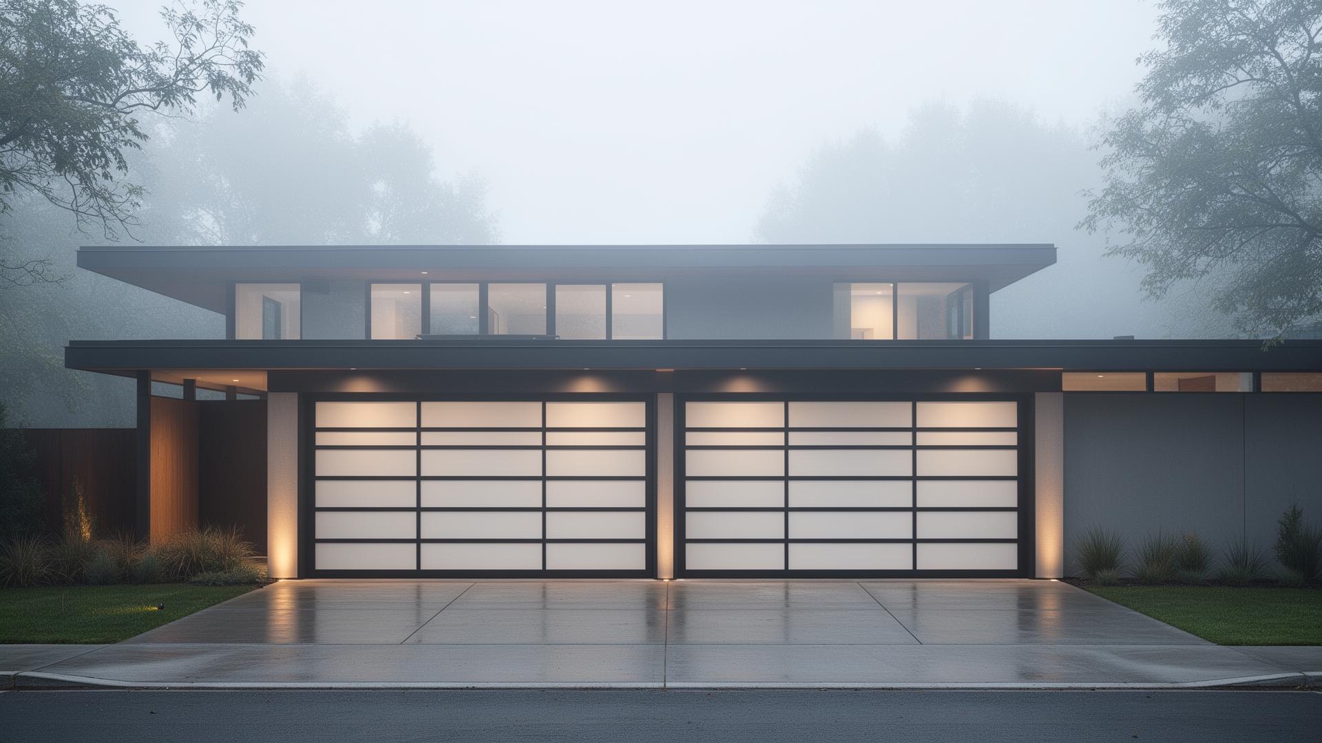 Modern sleek steel garage doors with frosted glass panels on mid-century modern home