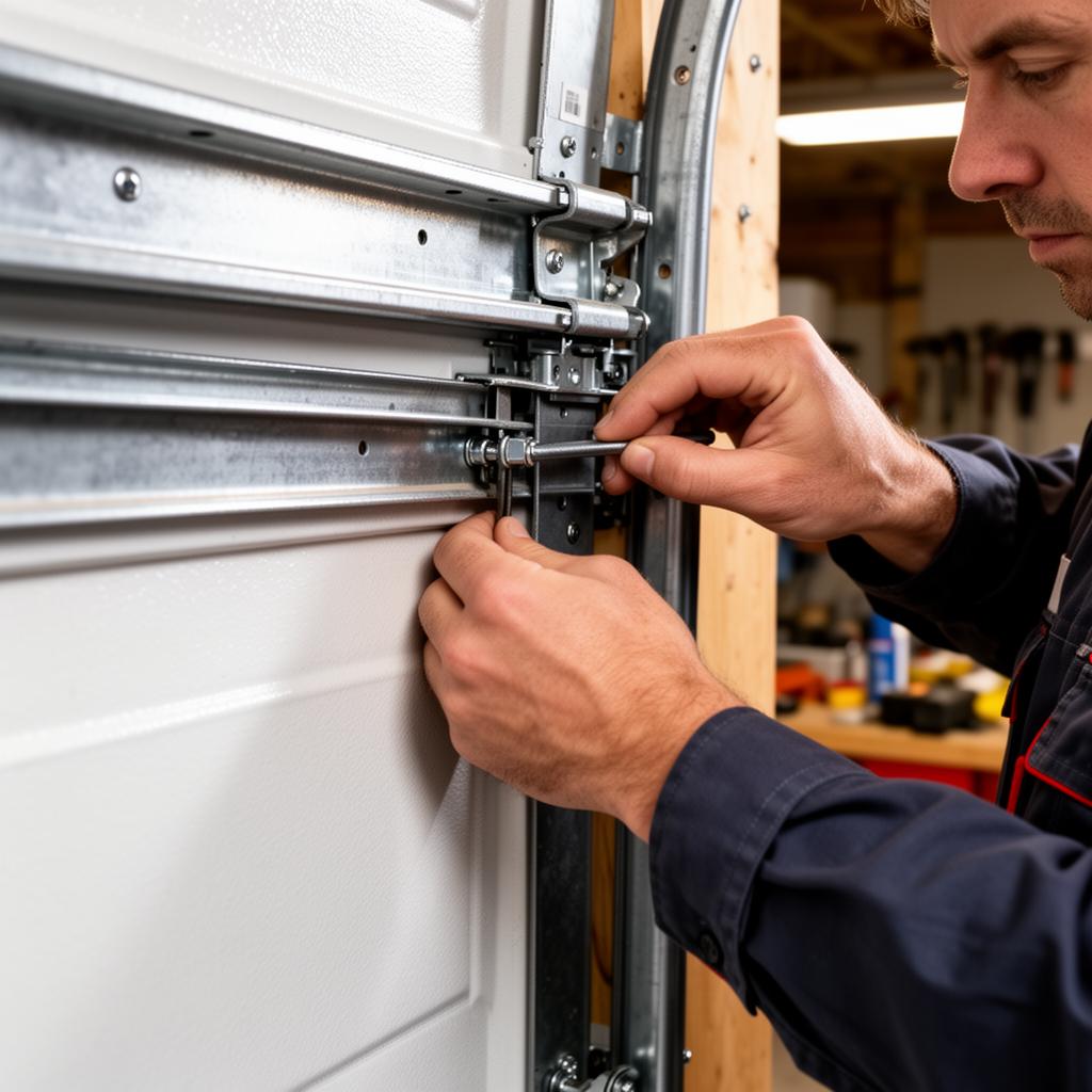 Technician hands adjusting garage door track alignment with professional tools