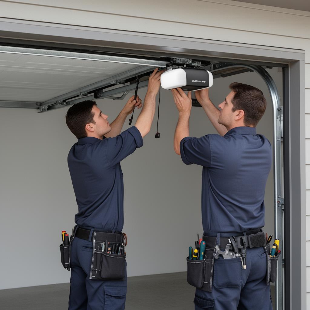 Professional team installing new garage door opener